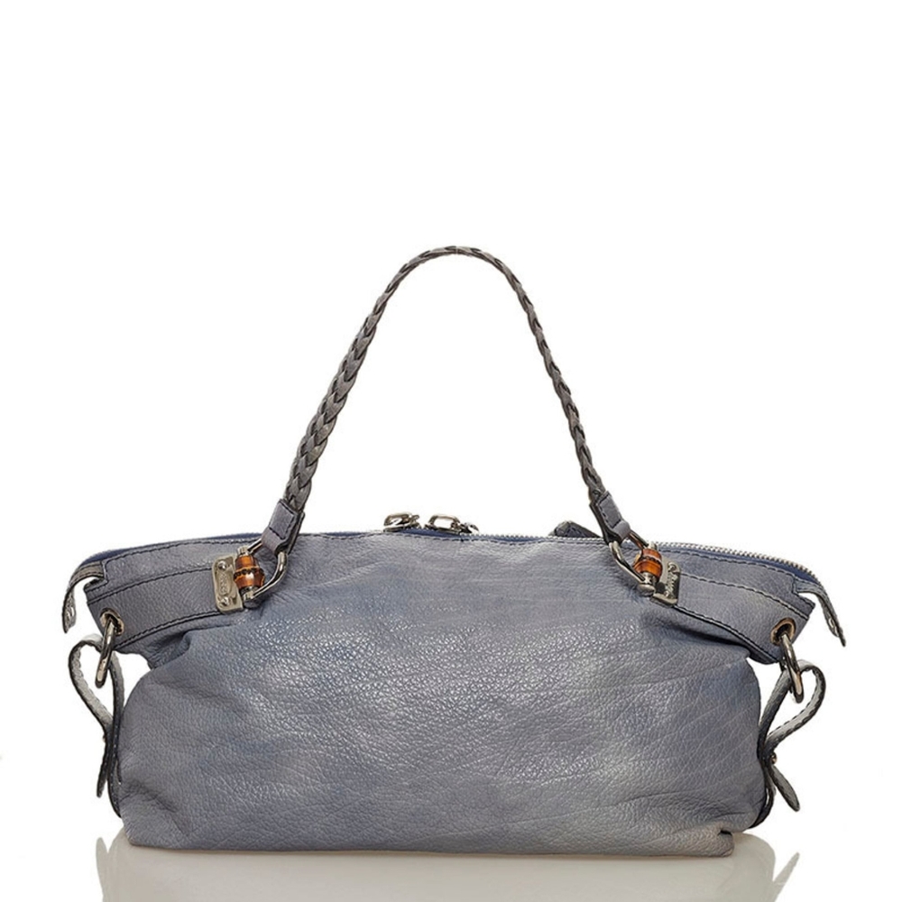 Gucci Bamboo Shoulder Tote Bag Blue Leather Large Travel Bag